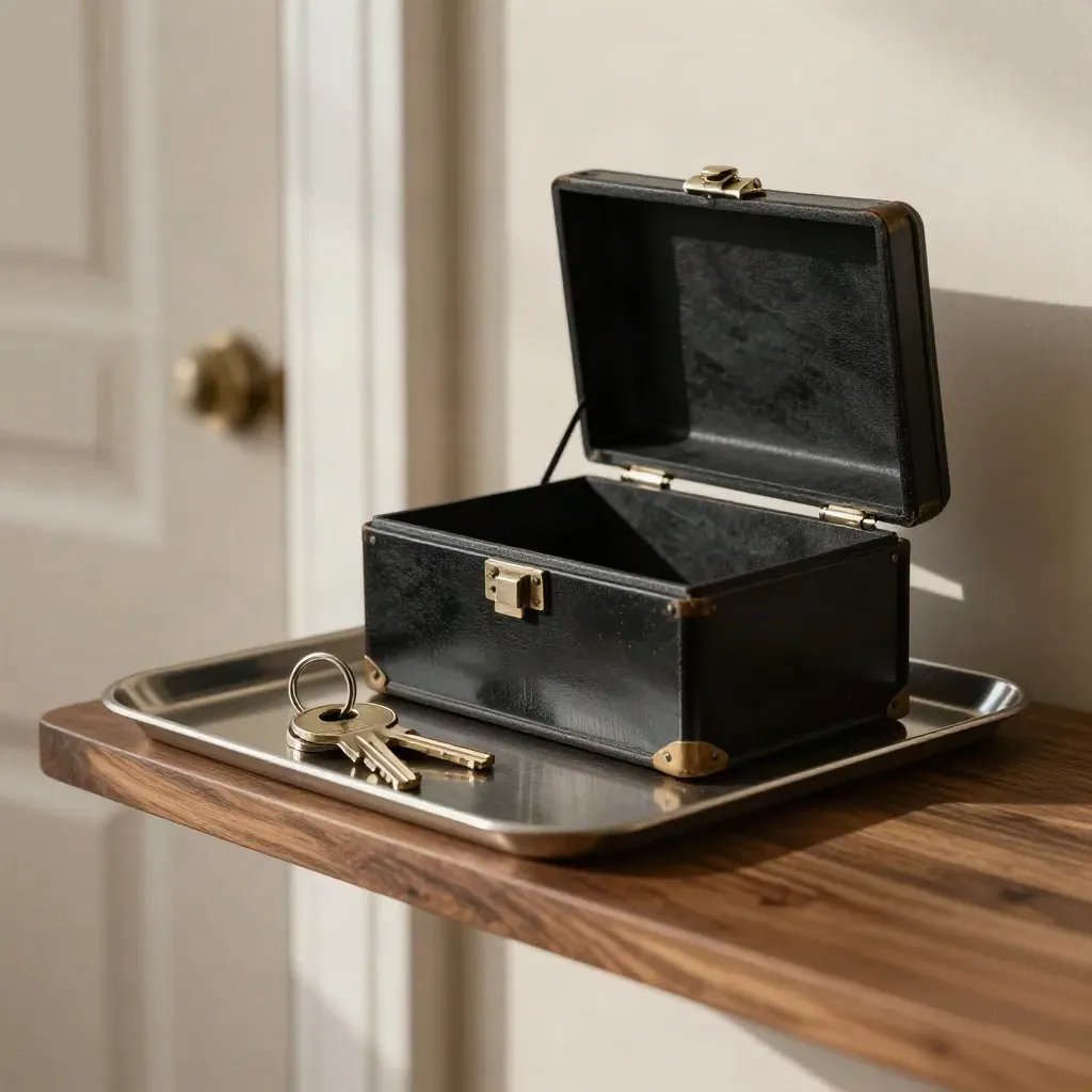 Open black lockbox, brass key loop and house keys on a tray in a quiet hallway, lit by soft window light.
