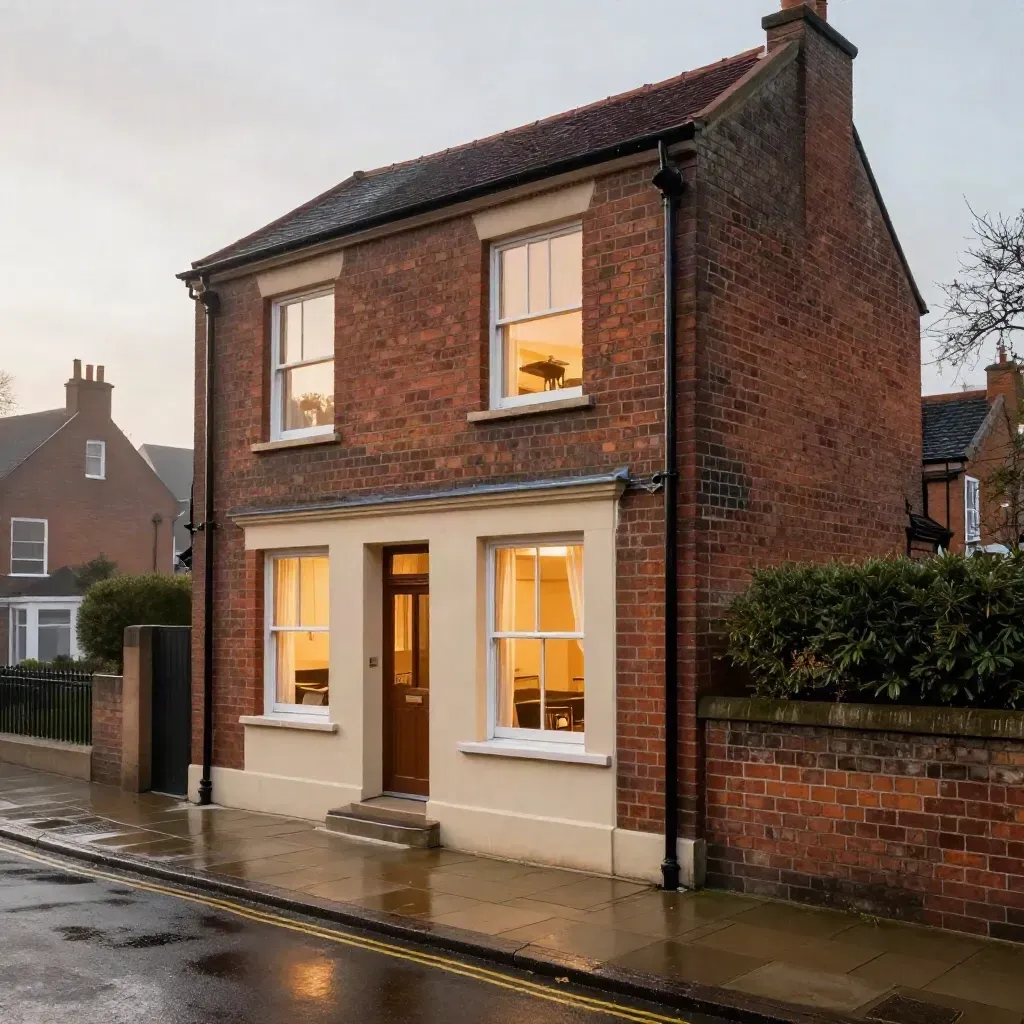 Rain-washed Manchester show flat exterior with warm windows and a diagonal entry path