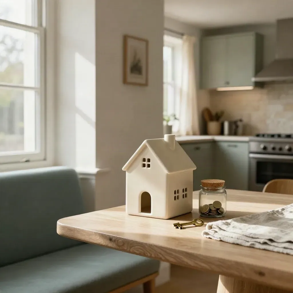 Sunlit Leeds dining nook with ceramic house, frosted savings jar and brass key