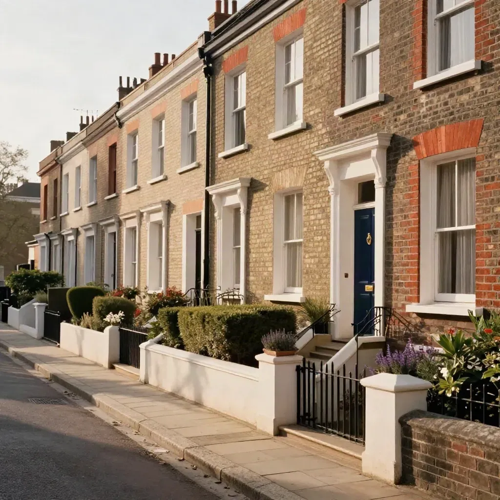 Quiet South London terrace street with open curtains, tidy gardens and warm afternoon light.