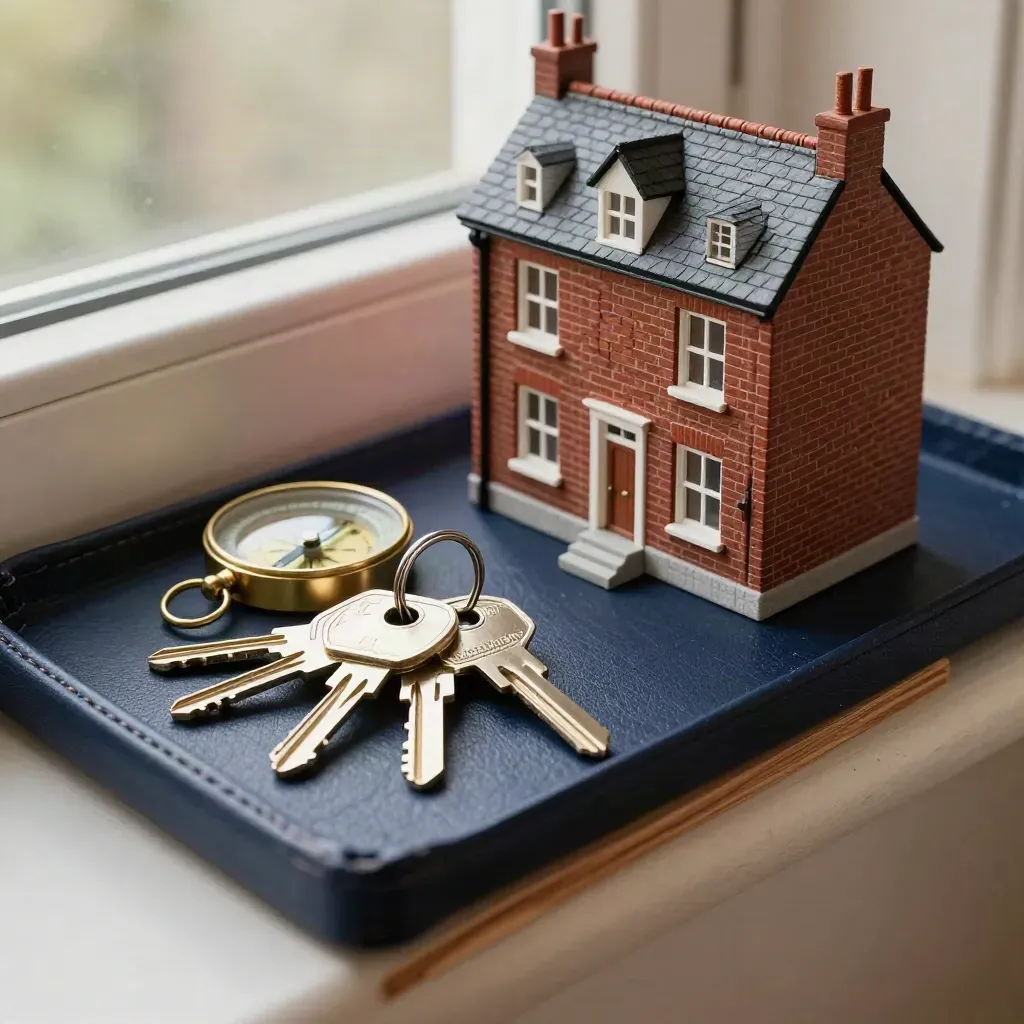 Keys, brass compass and terraced-house model on a slate sill for home search.