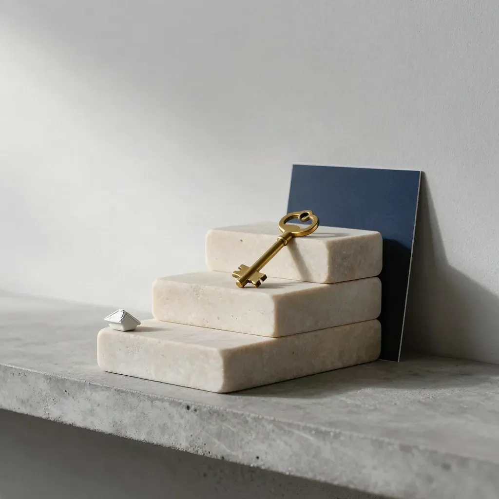 Stone steps with a brass key and roofline fragment on a concrete shelf